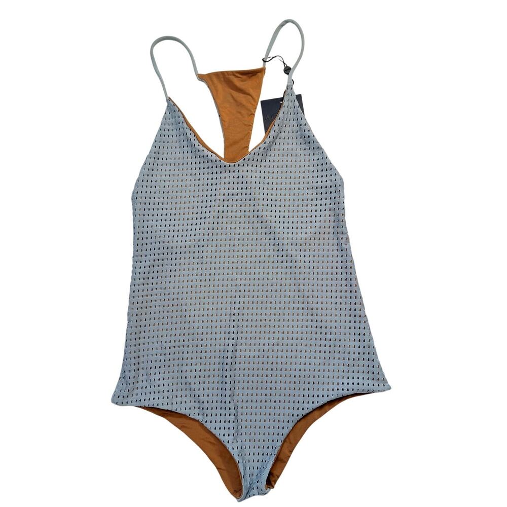 ACACIA Sunset Mesh One Piece Swimsuit XL Blue Tan NWT Resort Swim